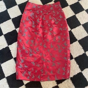 PINK AND BLUE BUTTERFLY SATIN MIDI SKIRT WITH BACK SLIT AND ZIPPER